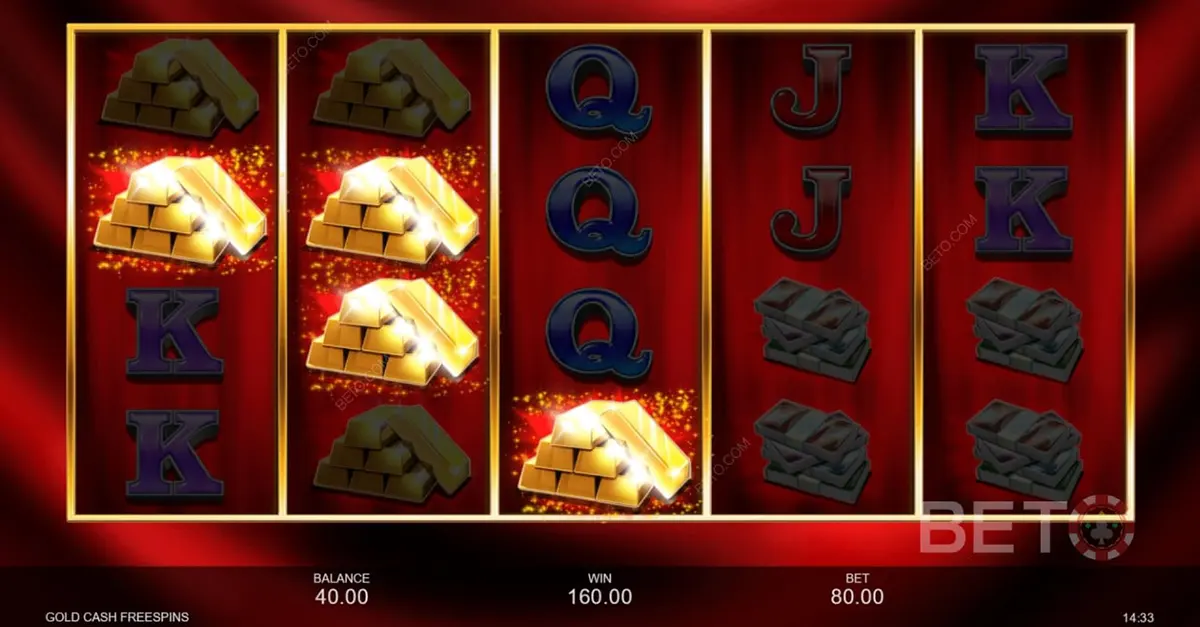 Gold Cash Free Spins Megaways gameplay screen with five red reels showing glowing gold bar symbols, letter icons (Q, J, K), and dark metal stacks, plus the balance, win, and bet values displayed along the bottom.